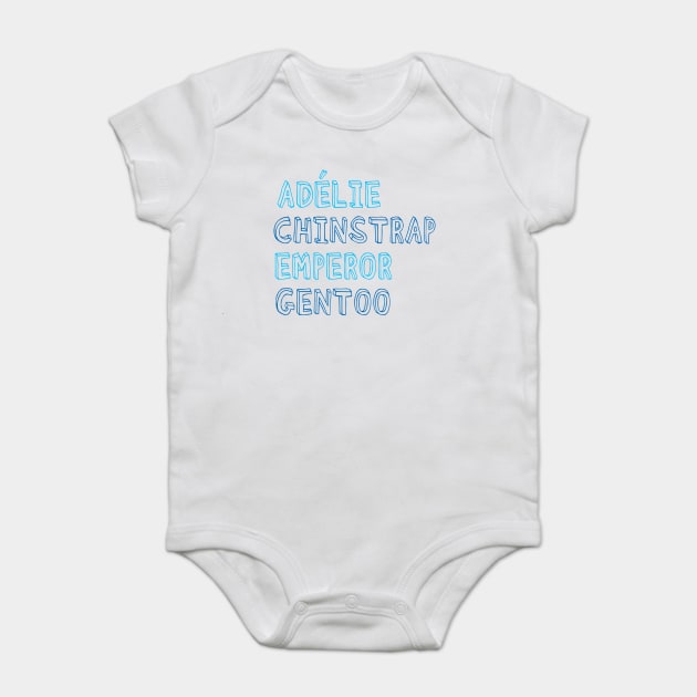 Adélie, chinstrap, emperor, gentoo Baby Bodysuit by aytchim